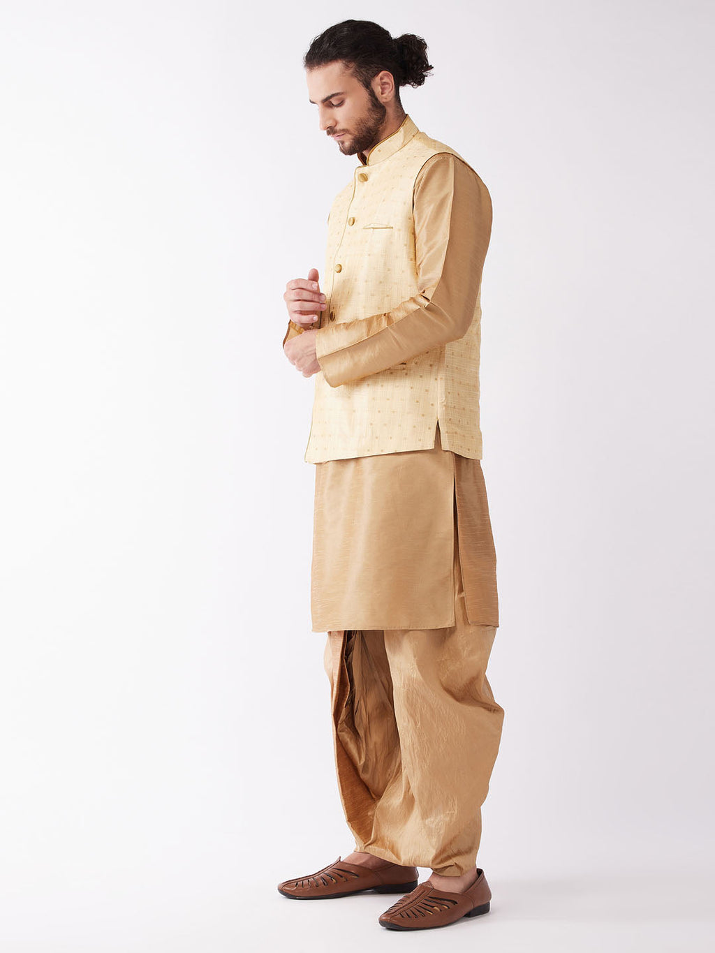 Men's Gold Zari Weaved Jacket With Kurta Dhoti Set