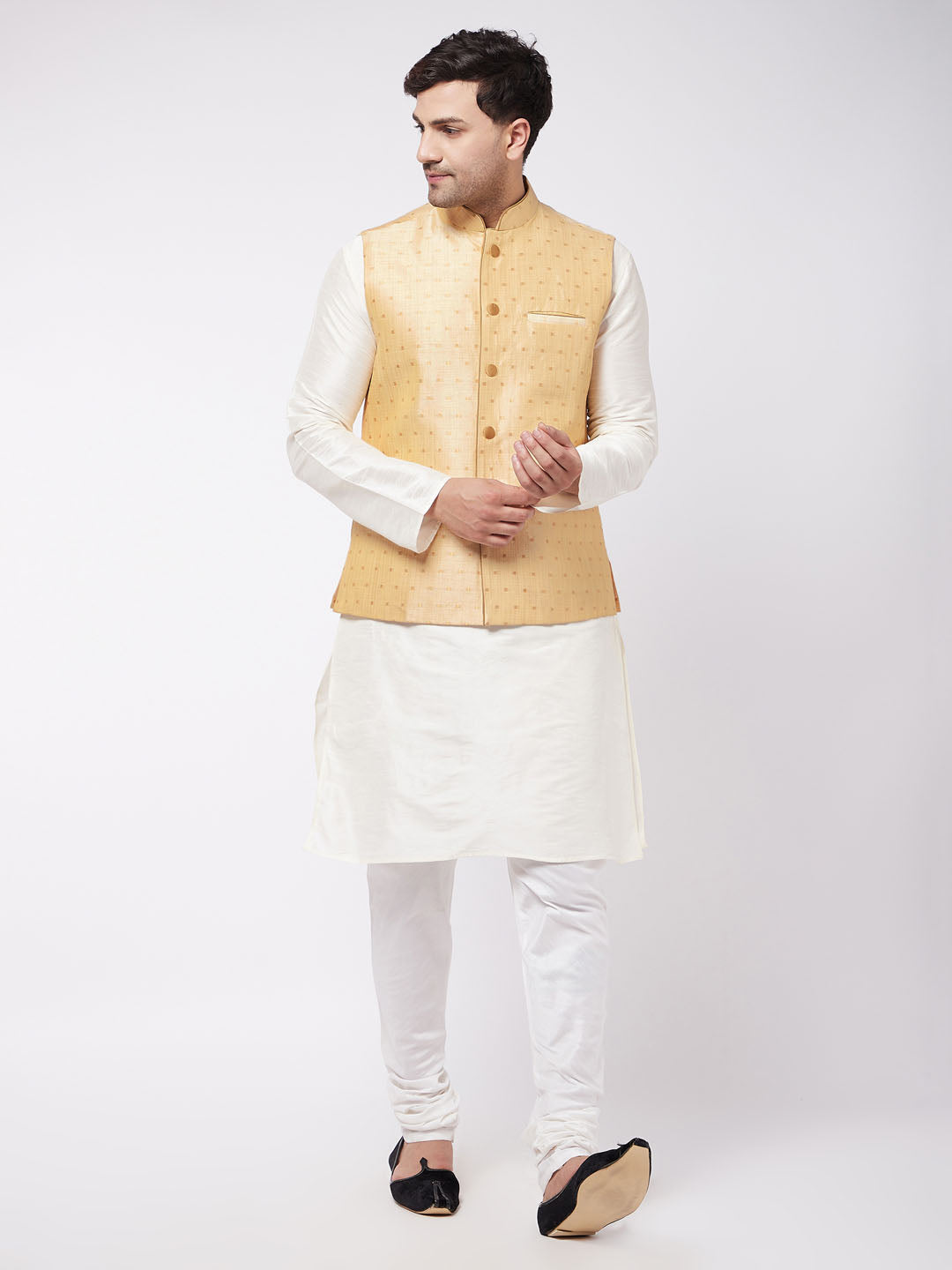 Men's Gold Zari Weaved Jacket With Kurta Pyjama Set