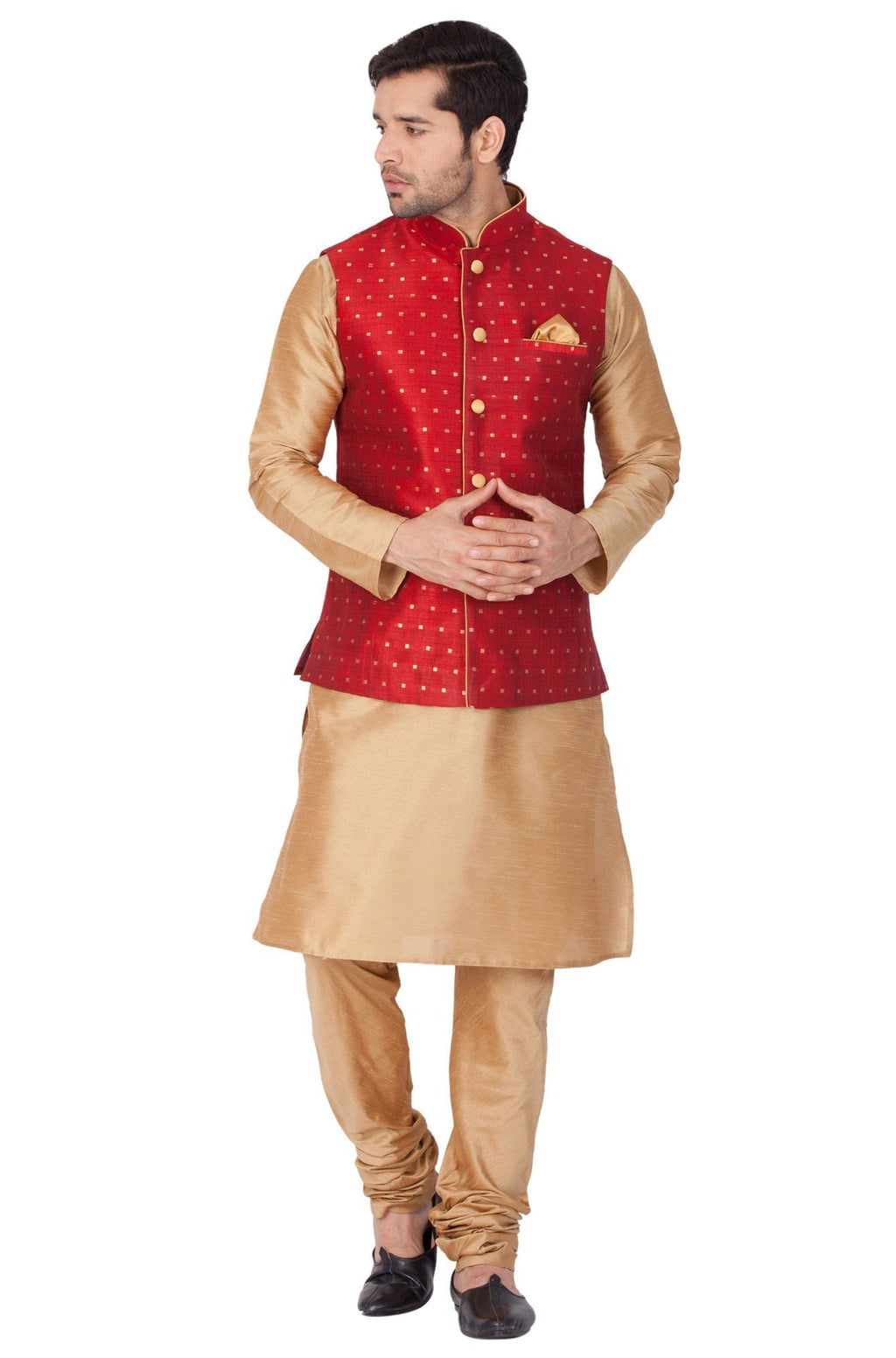 Men's Maroon Zari Weaved Jacket With Kurta Pyjama Set