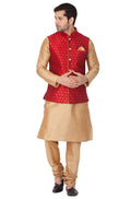 Men's Maroon Zari Weaved Jacket With Kurta Pyjama Set