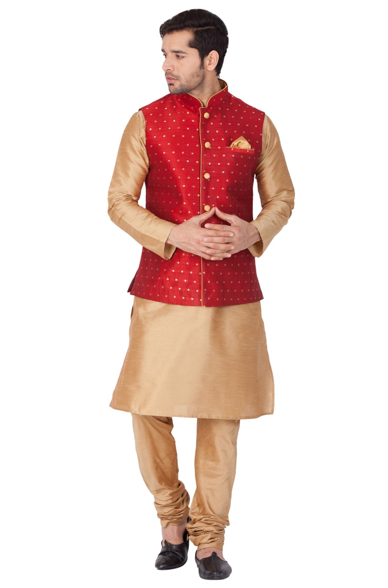 Men's Maroon Zari Weaved Jacket With Kurta Pyjama Set