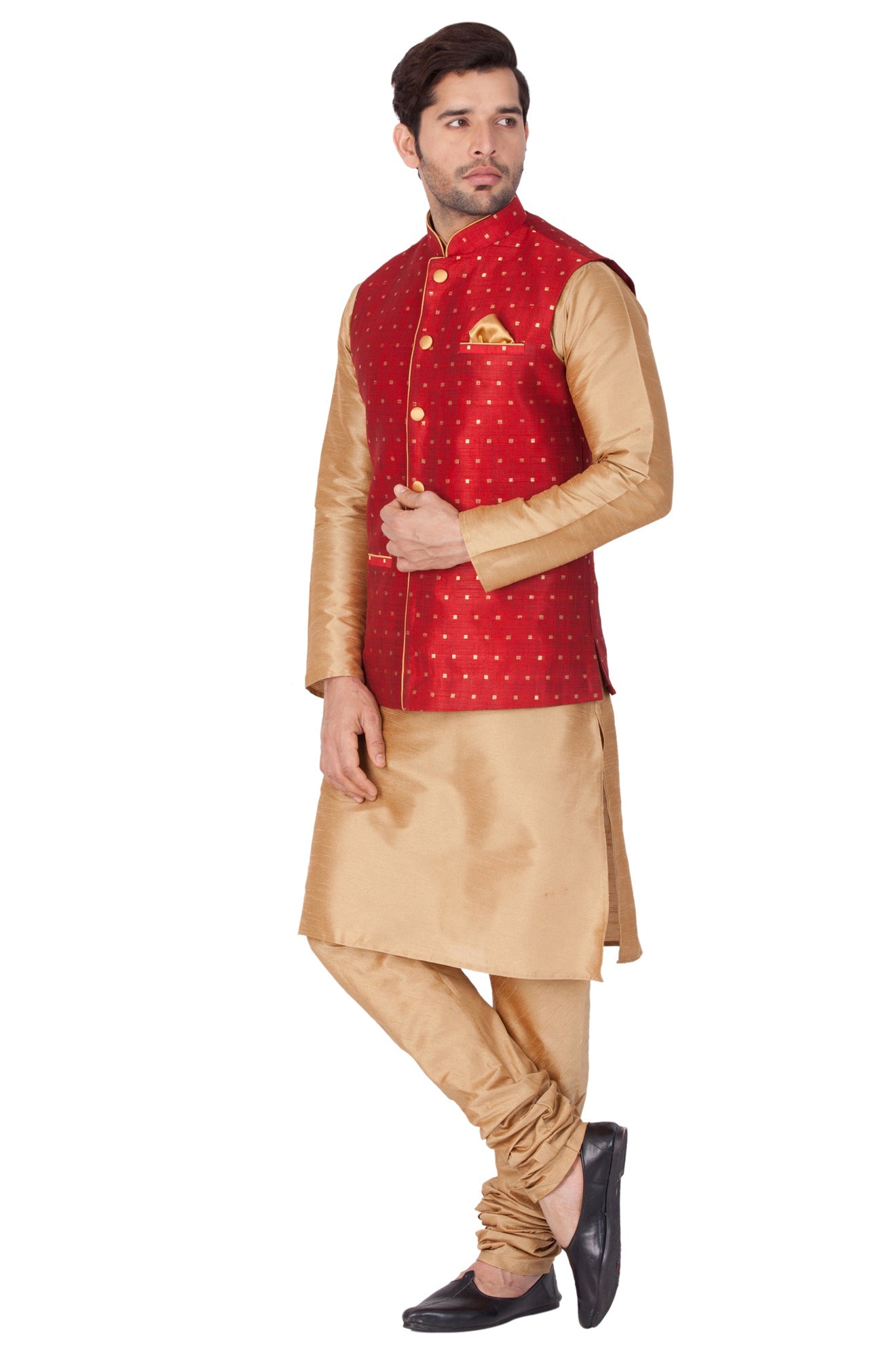 Men's Maroon Zari Weaved Jacket With Kurta Pyjama Set