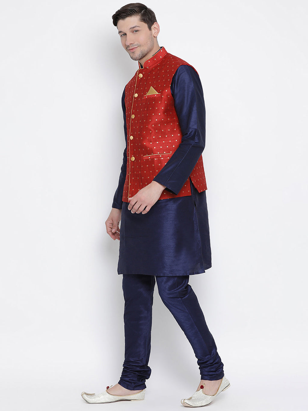 Men's Maroon Zari Weaved Jacket With Kurta Pyjama Set