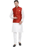 Men's Maroon Zari Weaved Jacket With Kurta Pyjama Set
