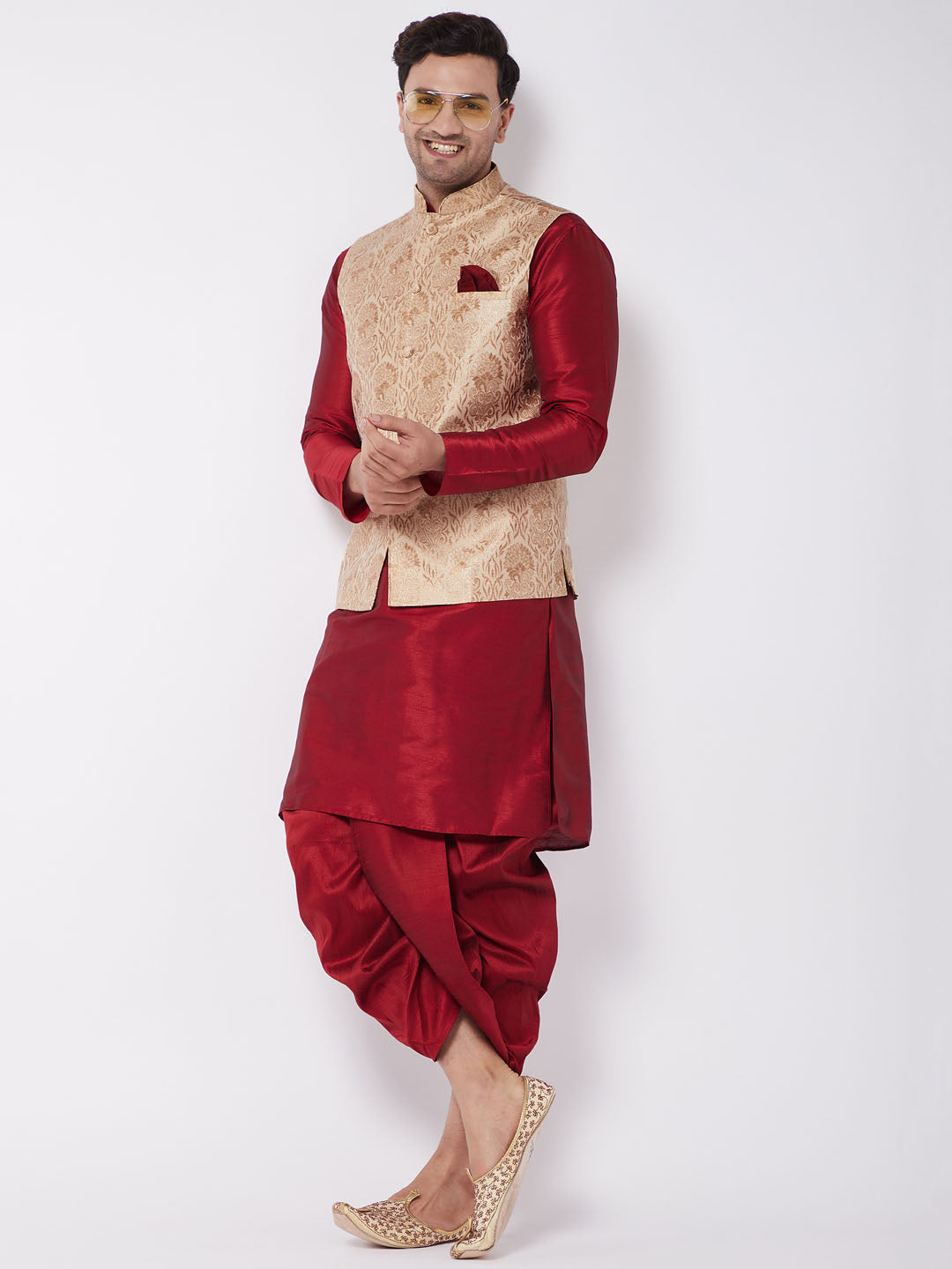 Men's Rose Gold Jacquard Jacket With Kurta Dhoti Set