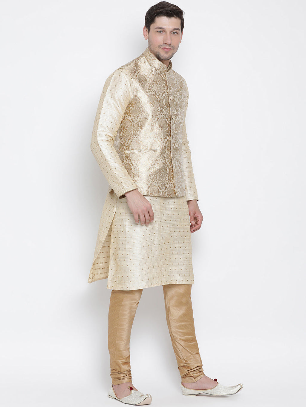 VASTRAMAY Men's Rose Gold Jacquard Jacket With Kurta Pyjama Set