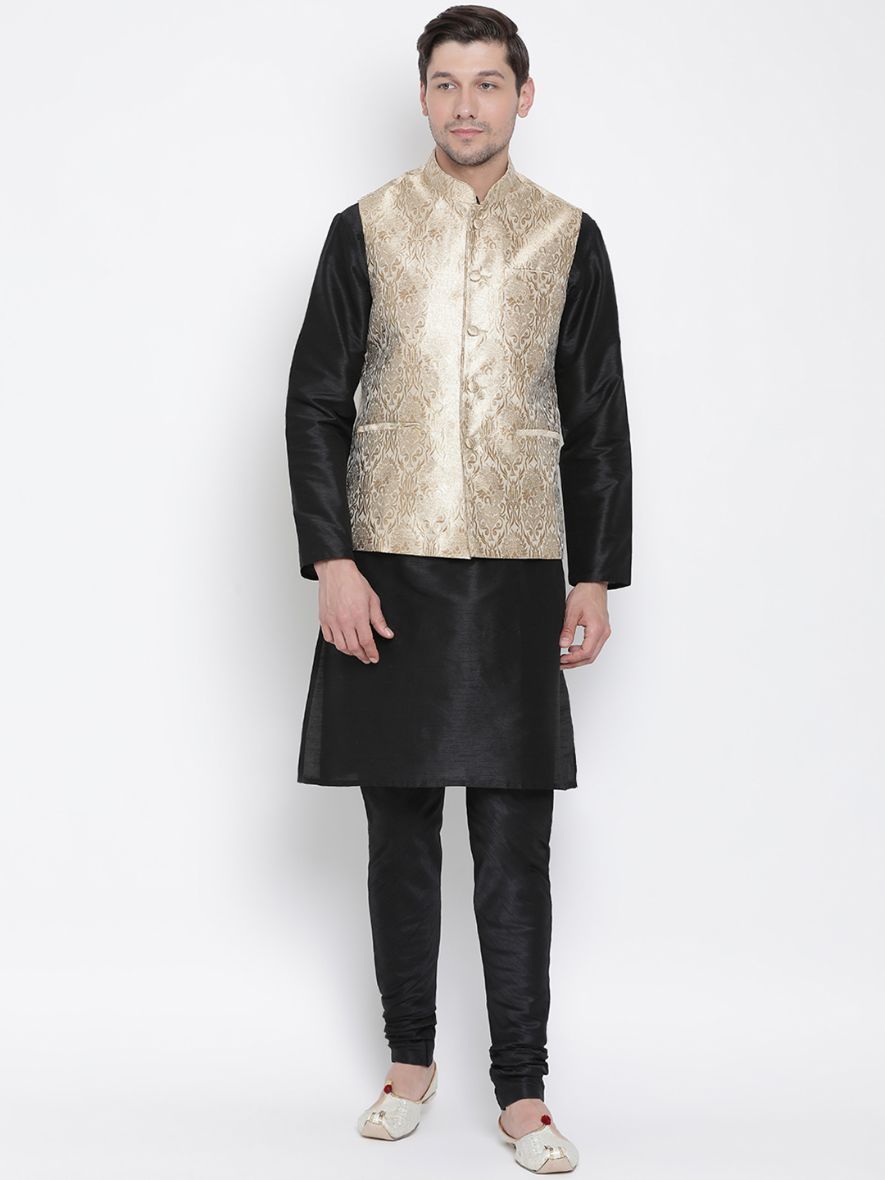 Men's Rose Gold Jacquard Jacket With Kurta Pyjama Set