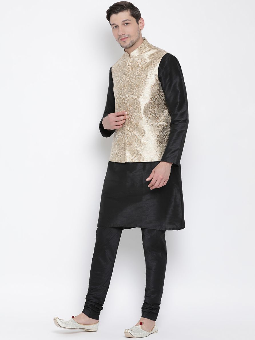 Men's Rose Gold Jacquard Jacket With Kurta Pyjama Set