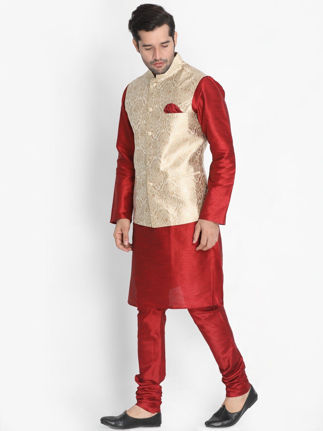 VASTRAMAY Men's Rose Gold Jacquard Jacket With Kurta Pyjama Set