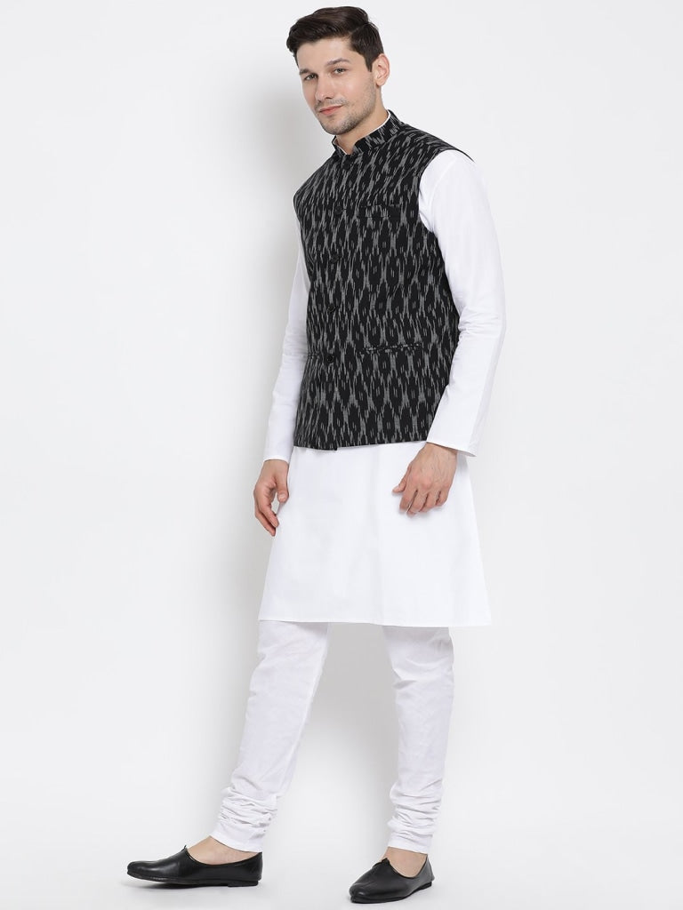 VASTRAMAY Men's White Cotton Kurta, Ethnic Jacket and Pyjama Set