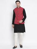 VASTRAMAY Men's Black Cotton Kurta, Ethnic Jacket and Pyjama Set