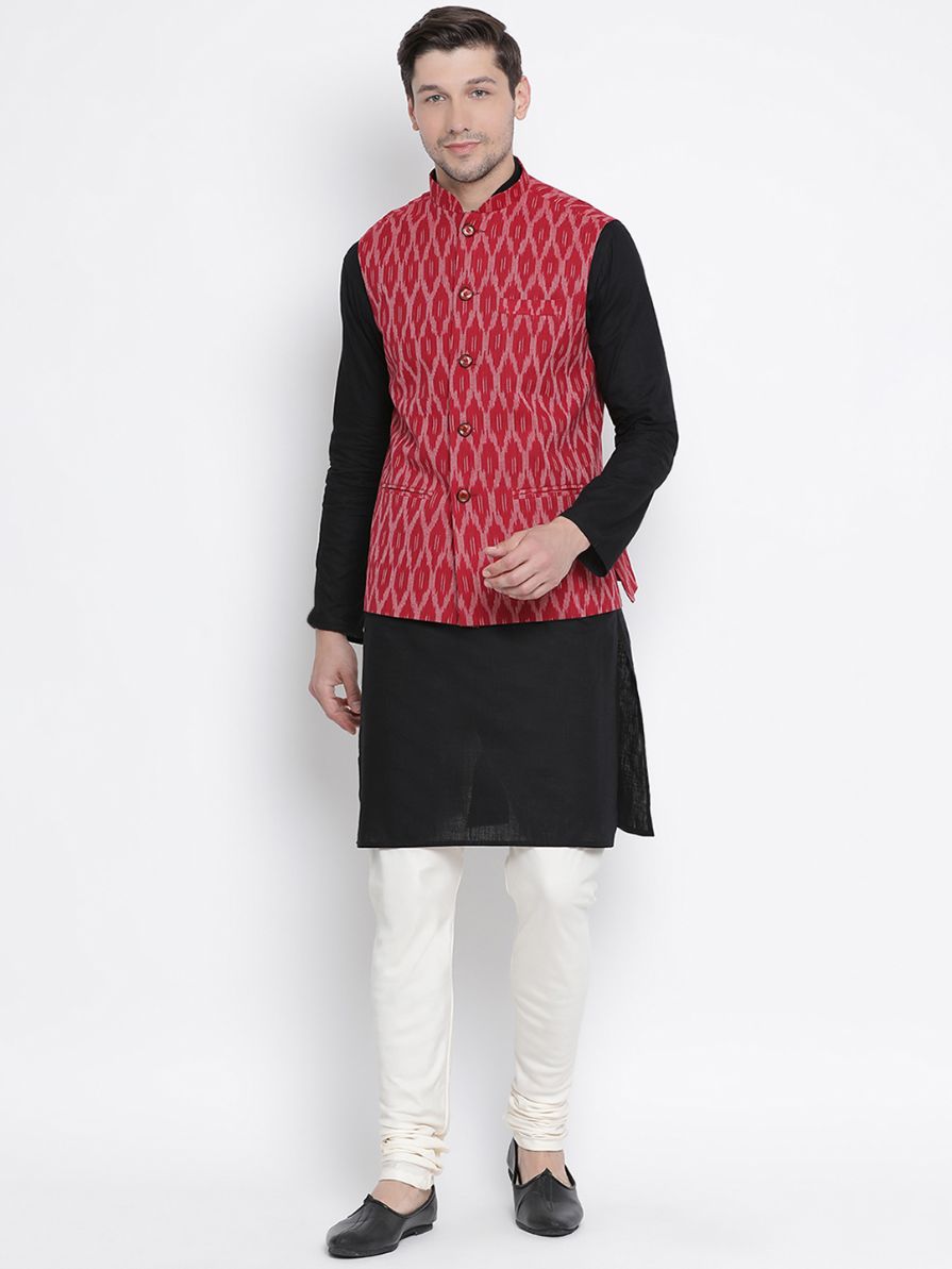 VASTRAMAY Men's Black Cotton Kurta, Ethnic Jacket and Pyjama Set
