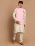 Men's Cream Cotton Kurta, Checkered Royal Linen Nehru Jacket And Pyjama Set