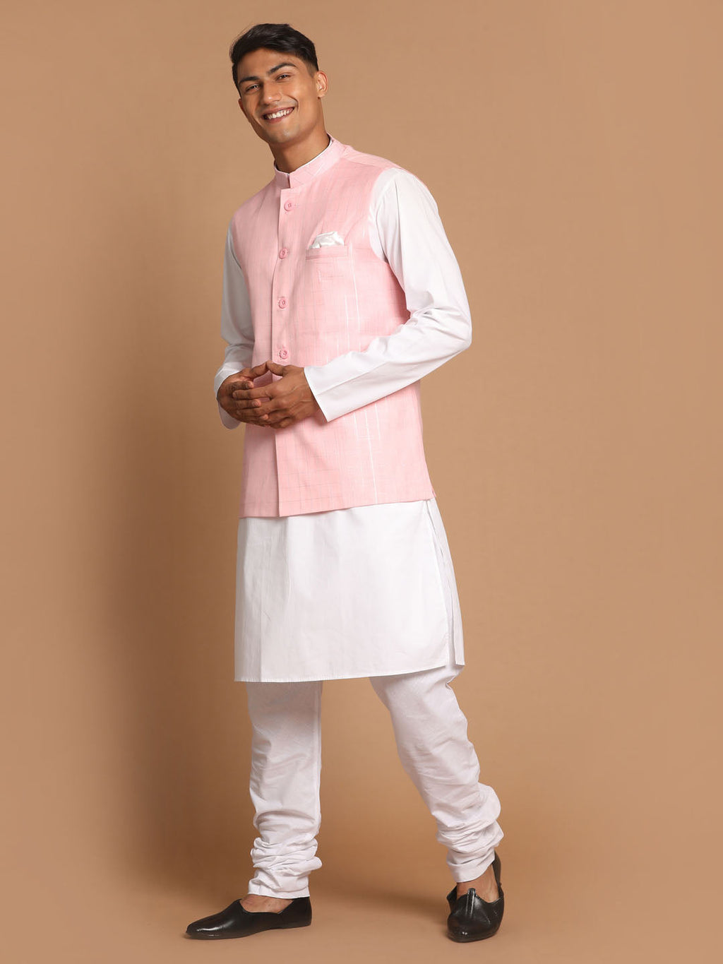 Men's White Cotton Kurta, Checkered Royal Linen Nehru Jacket And Pyjama Set