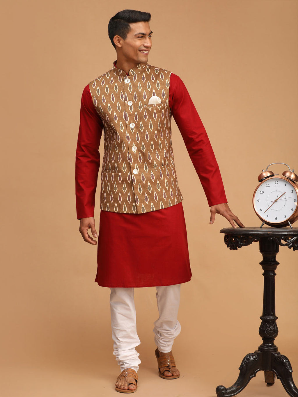 Men's Green Printed Cotton Nehru Jacket With Maroon Kurta And White Pyjama Set