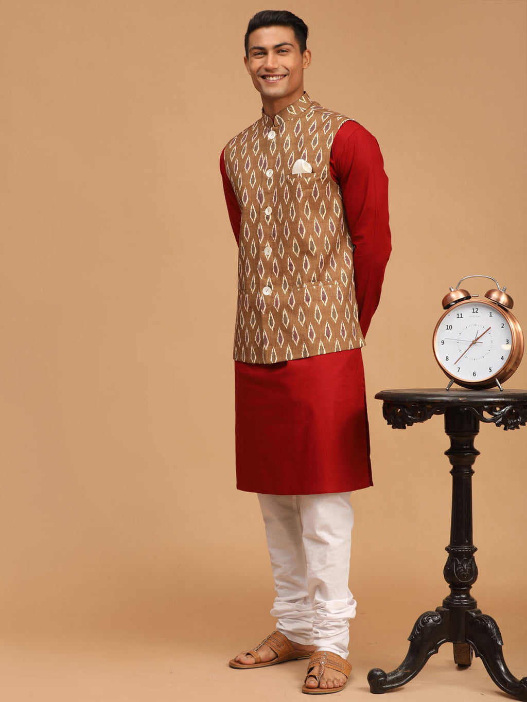 Men's Green Printed Cotton Nehru Jacket With Maroon Kurta And White Pyjama Set
