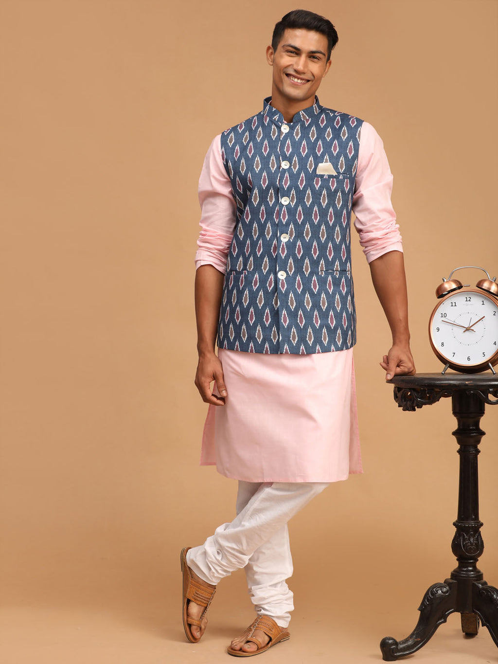 Men's Gray Printed Cotton Nehru Jacket With Pink Kurta And White Pyjama Set