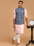 Men's Gray Printed Cotton Nehru Jacket With Pink Kurta And White Pyjama Set