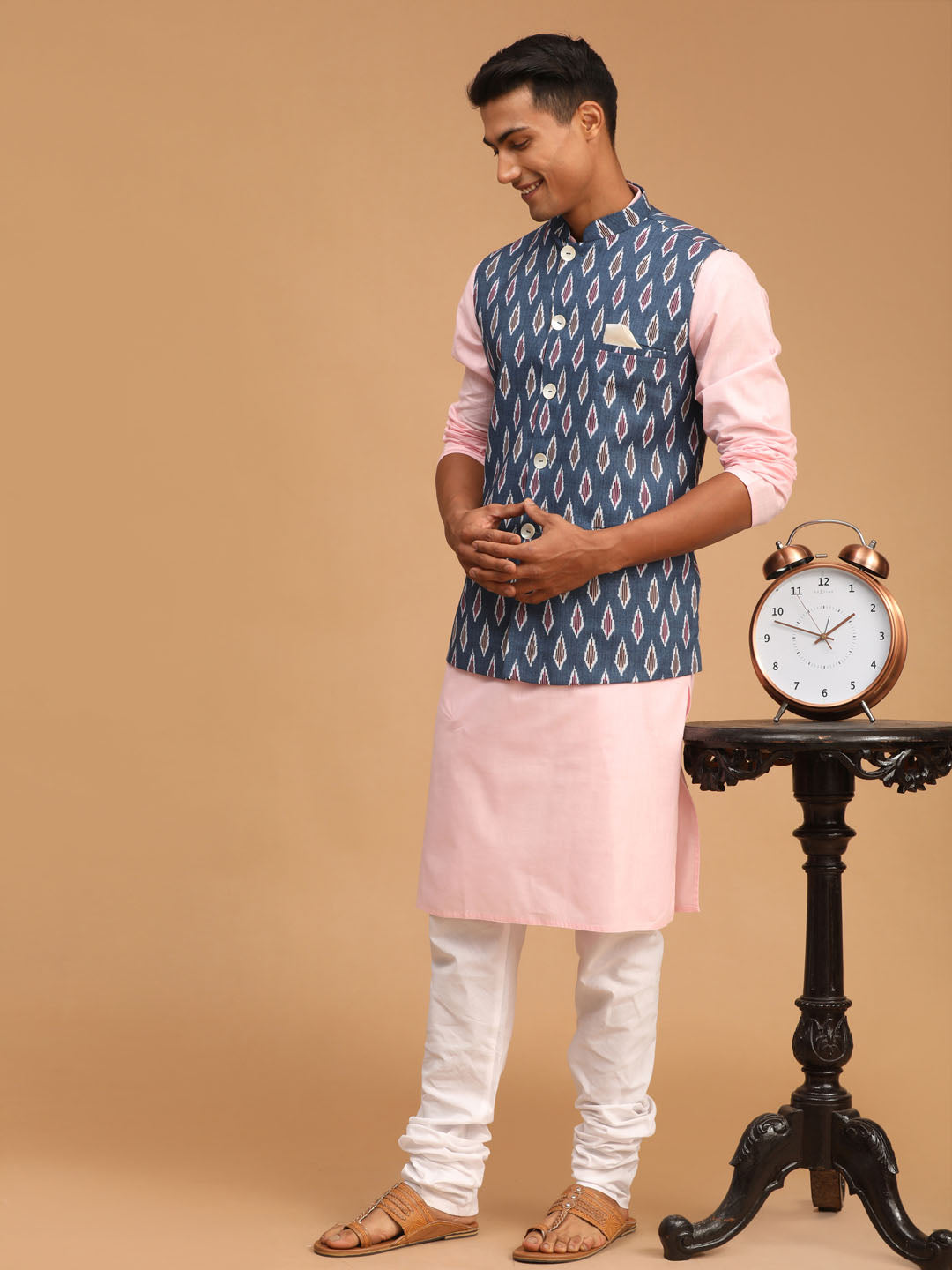 Men's Gray Printed Cotton Nehru Jacket With Pink Kurta And White Pyjama Set