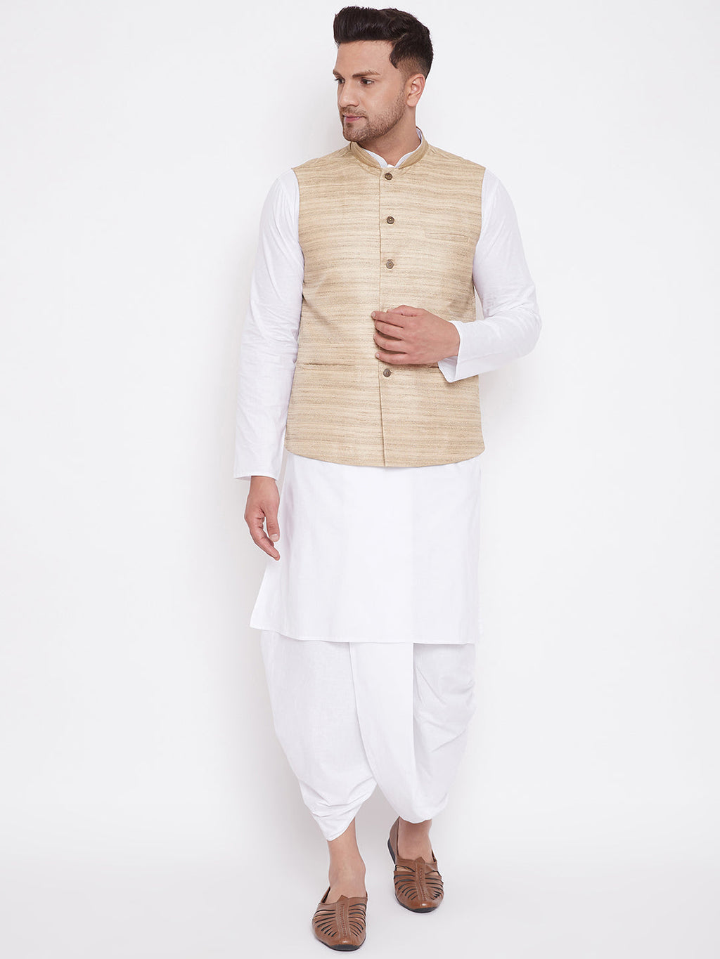 Men's Beige And White Cotton Blend Jacket, Kurta And Dhoti Set