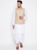 Men's Beige And White Cotton Blend Jacket, Kurta And Dhoti Set