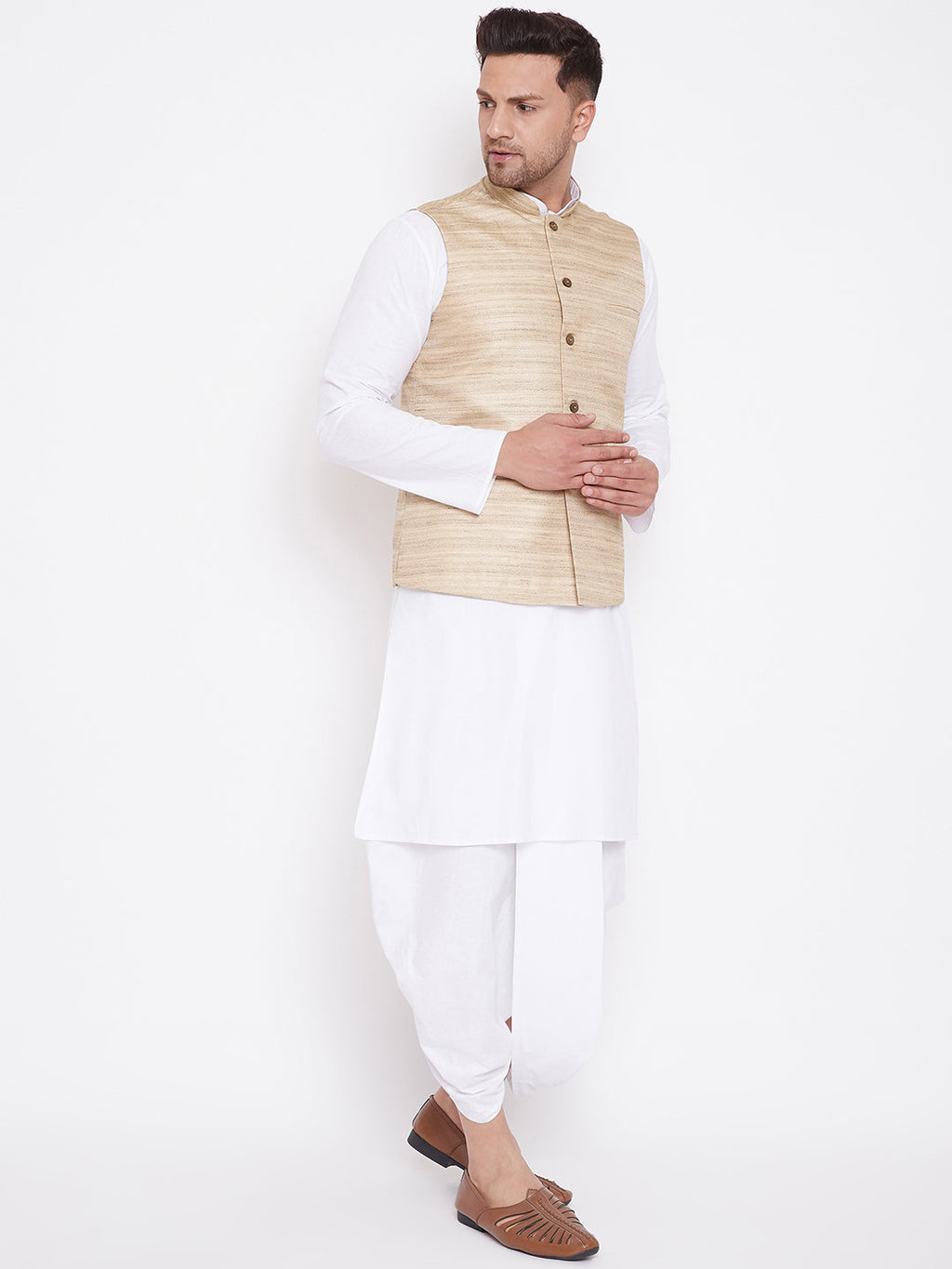 Men's Beige And White Cotton Blend Jacket, Kurta And Dhoti Set