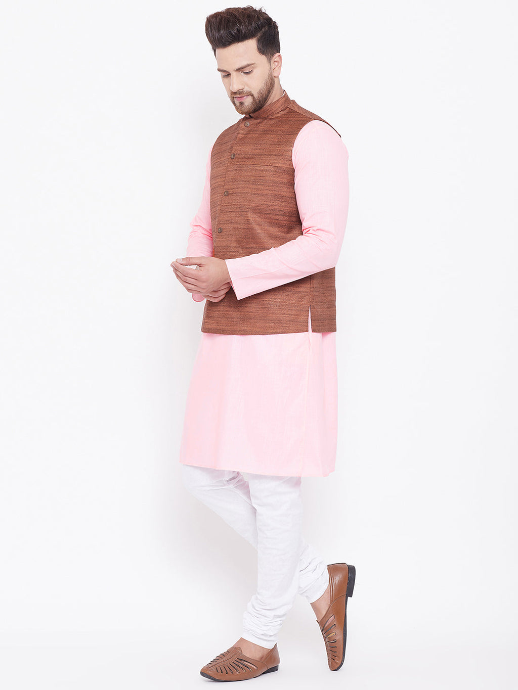 Men's Coffee Brown, Pink And White Cotton Blend Jacket, Kurta And Pyjama Set