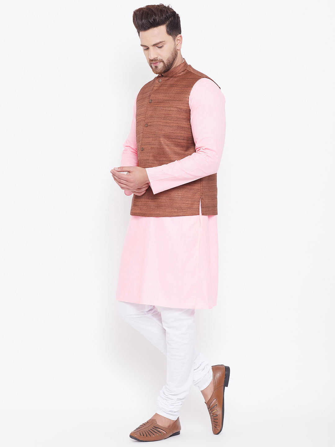 Men's Coffee Brown, Pink And White Cotton Blend Jacket, Kurta And Pyjama Set