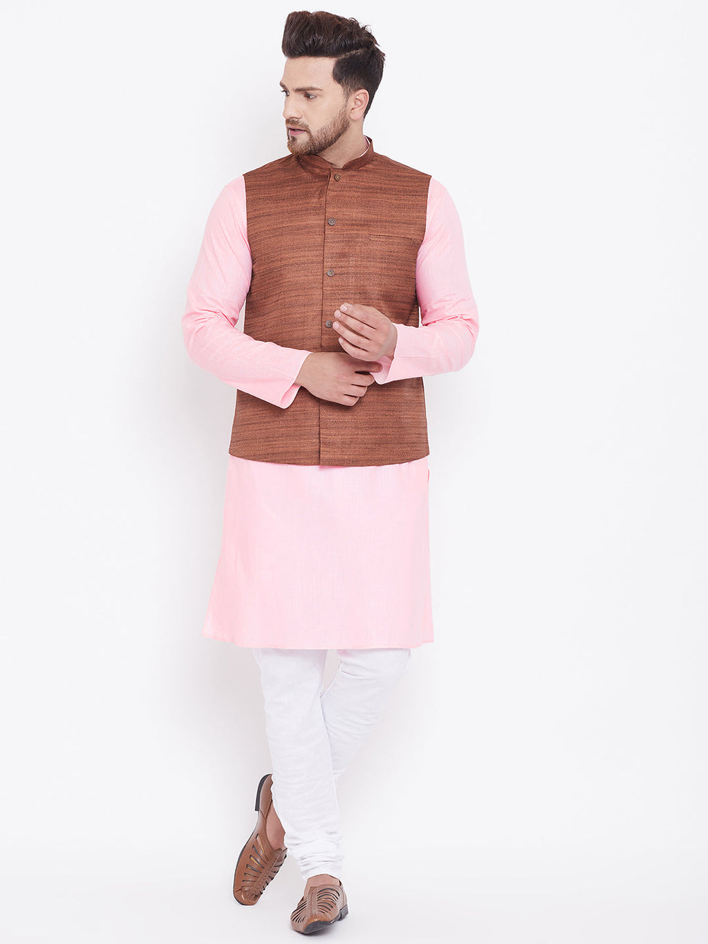 Men's Coffee Brown, Pink And White Cotton Blend Jacket, Kurta And Pyjama Set