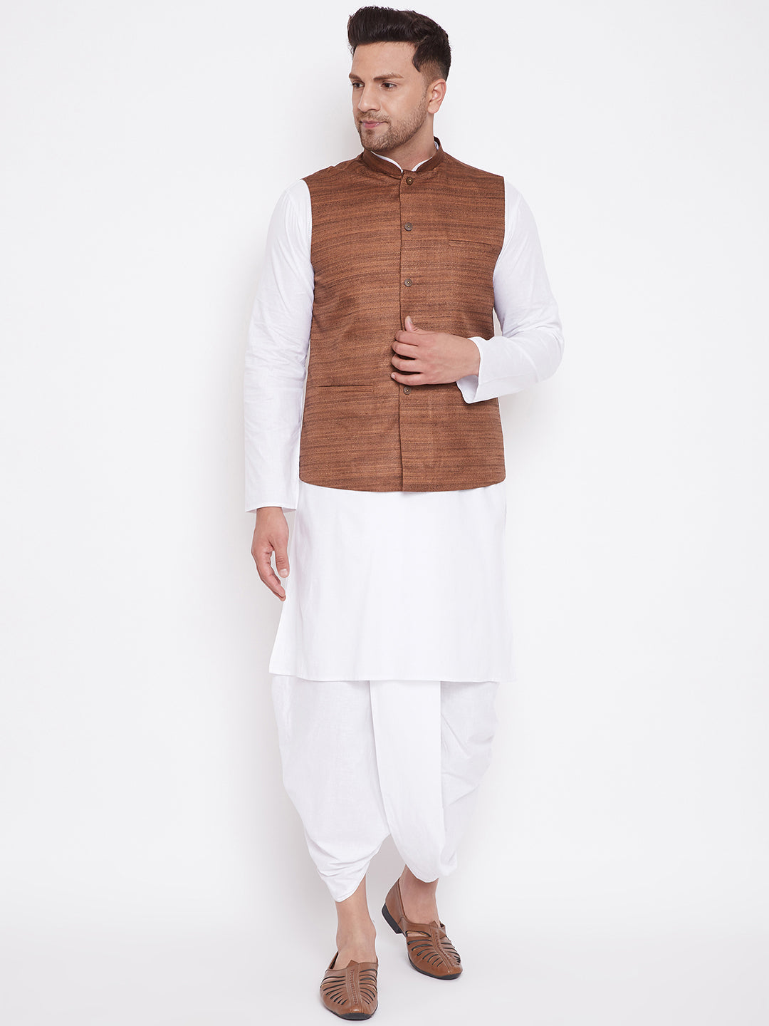 Men's Coffee Brown And White Cotton Blend Jacket, Kurta And Dhoti Set