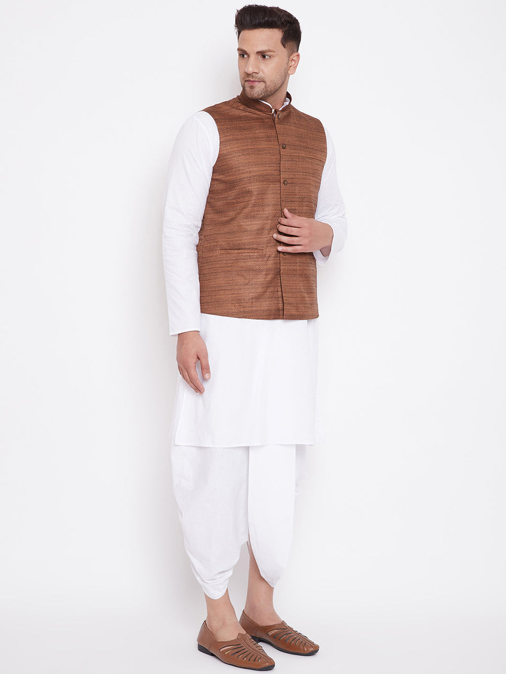 Men's Coffee Brown And White Cotton Blend Jacket, Kurta And Dhoti Set