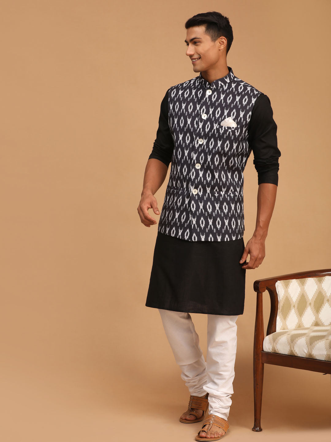Men's Black Ikaat Printede Cotton Nehru Jacket With Black Kurta And White Pyjama Set