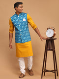 Men's Turquoise Ikkat Printed Cotton Nehru Jacket With Mustard Kurta And White Pyjama Set