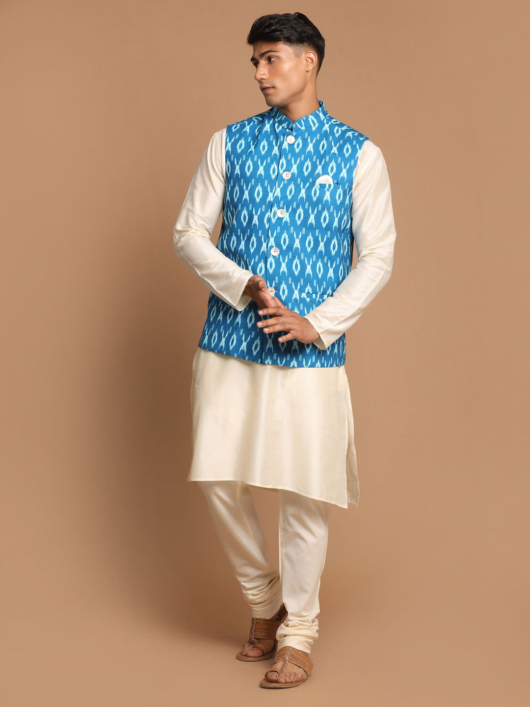 Men's Turquoise Cotton Nehru Jacket  With Cream Kurta And Pyjama Set