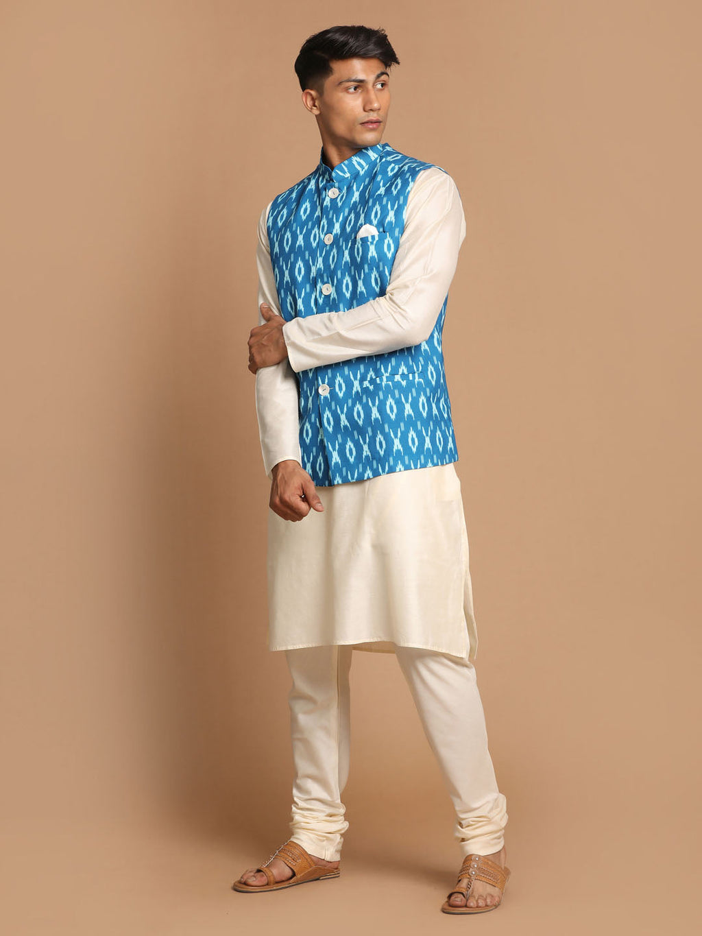 Men's Turquoise Cotton Nehru Jacket  With Cream Kurta And Pyjama Set