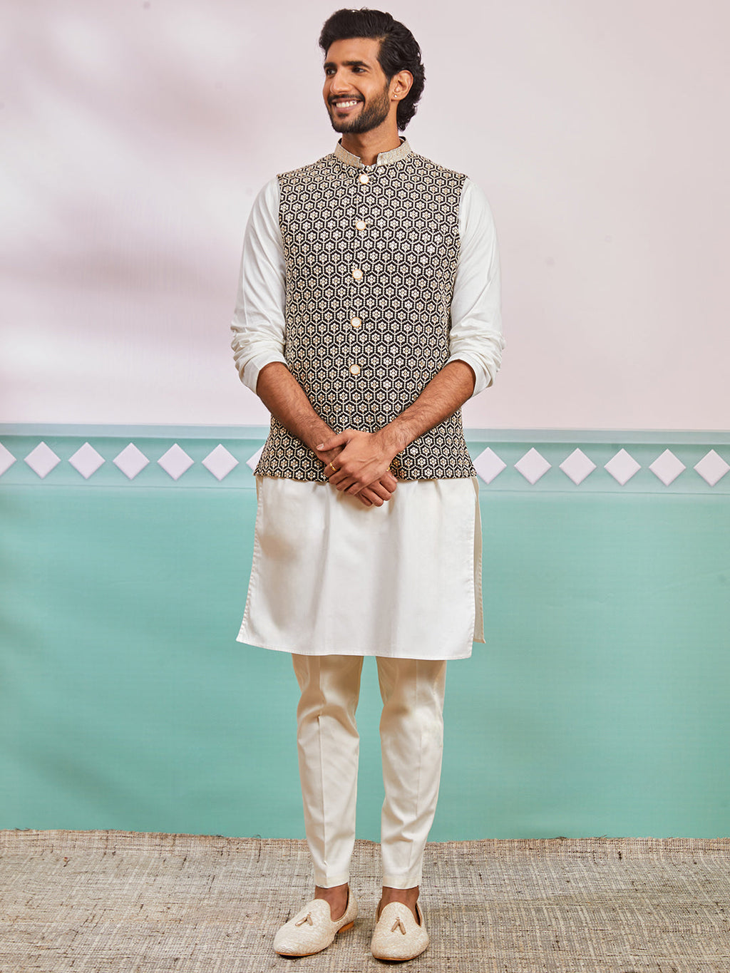 Men's Black Fine Satin Nehru Jacket, Kurta And Pyjama Set.