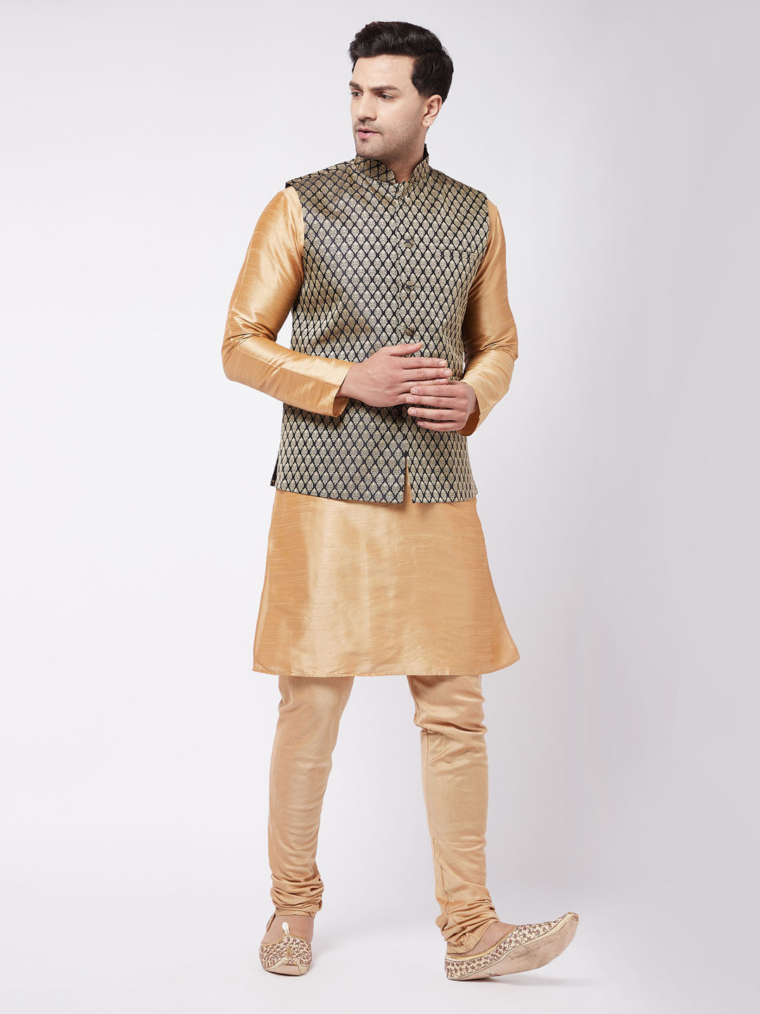 Men's Rose Gold Silk Blend Kurta And Pyjama With Black Woven Nehru Jacket