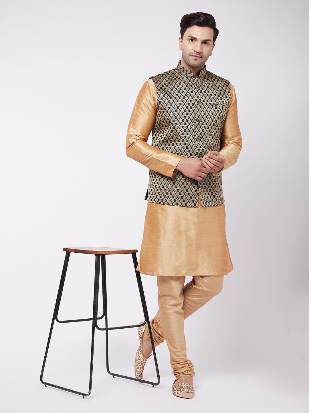 Men's Rose Gold Silk Blend Kurta And Pyjama With Black Woven Nehru Jacket