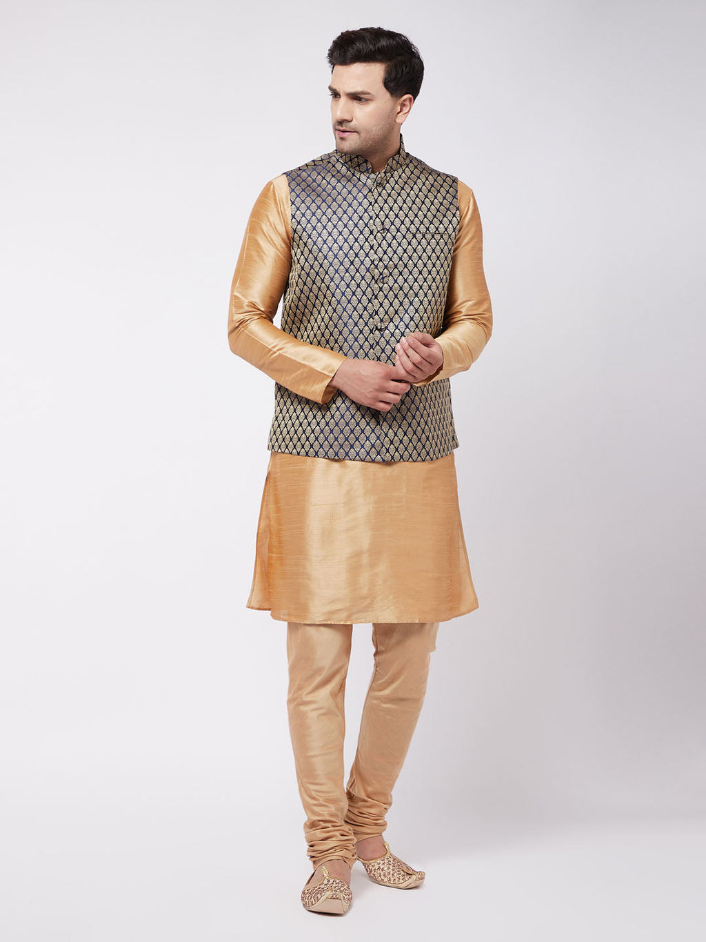 Men's Rose Gold Silk Blend Kurta And Pyjama With Blue Woven Nehru Jacket