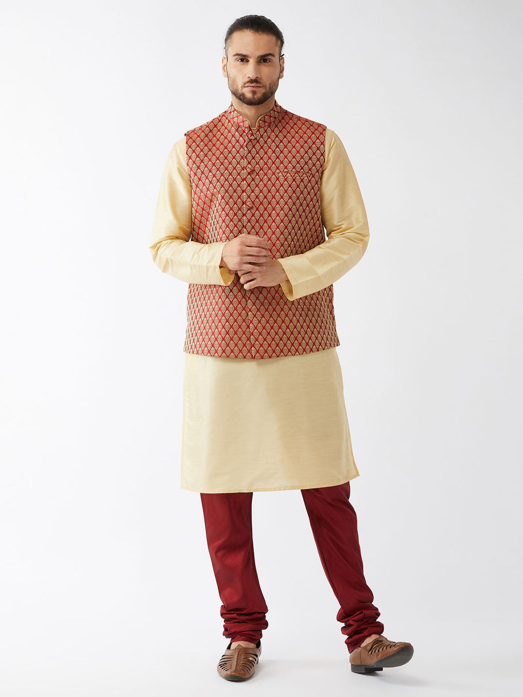 Men's  Maroon Silk Blend Ethnic Jacket, Gold Kurta And Maroon Pyjama Set