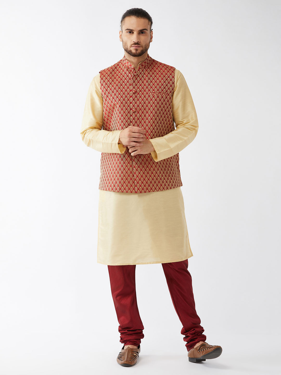 Men's  Maroon Silk Blend Ethnic Jacket, Gold Kurta And Maroon Pyjama Set
