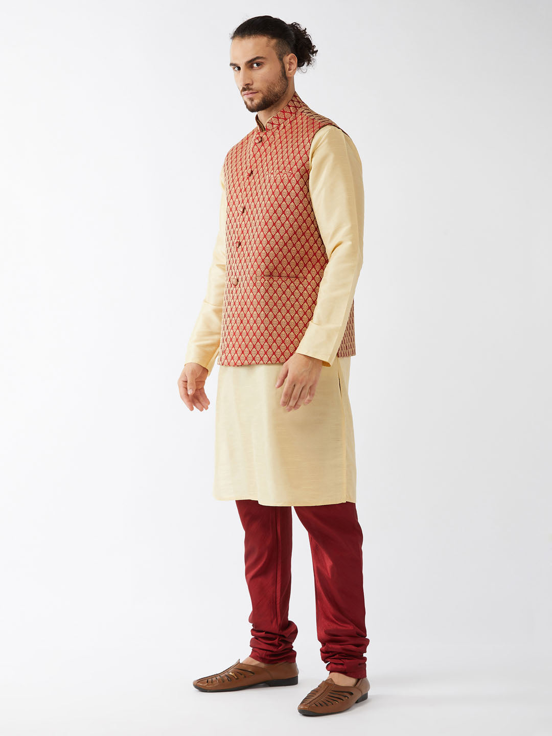 Men's  Maroon Silk Blend Ethnic Jacket, Gold Kurta And Maroon Pyjama Set
