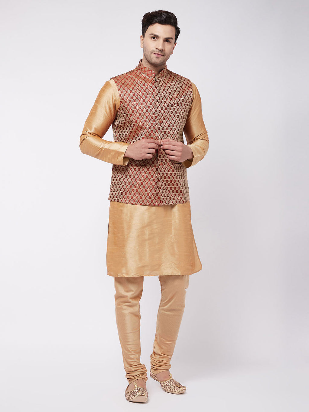 Men's Rose Gold Silk Blend Kurta And Pyjama With Maroon Woven Nehru Jacket