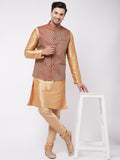 Men's Rose Gold Silk Blend Kurta And Pyjama With Maroon Woven Nehru Jacket
