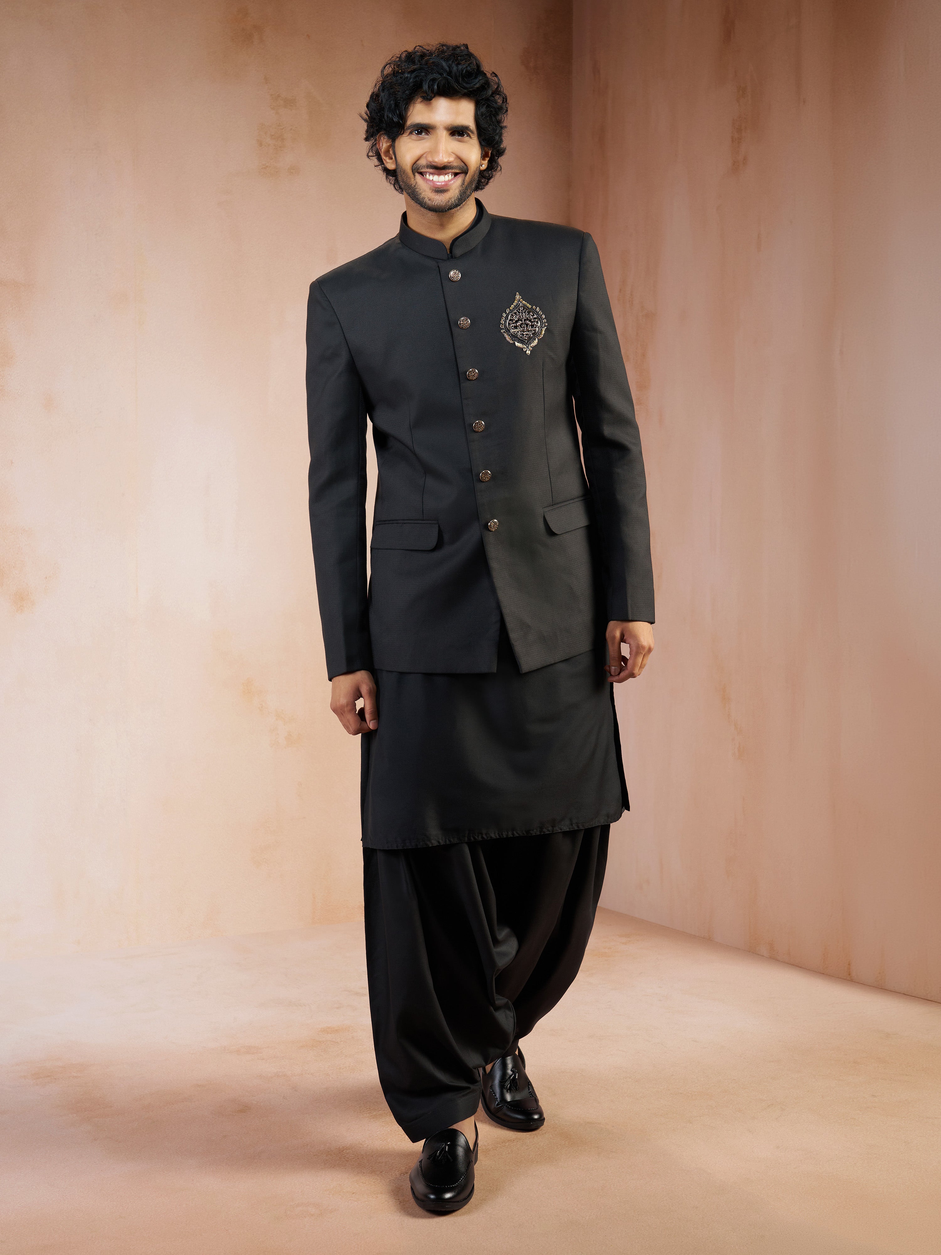 Men's Black Zardozi Sequin Embroidery Jodhpuri Jacket with Kurta & Patiala Set