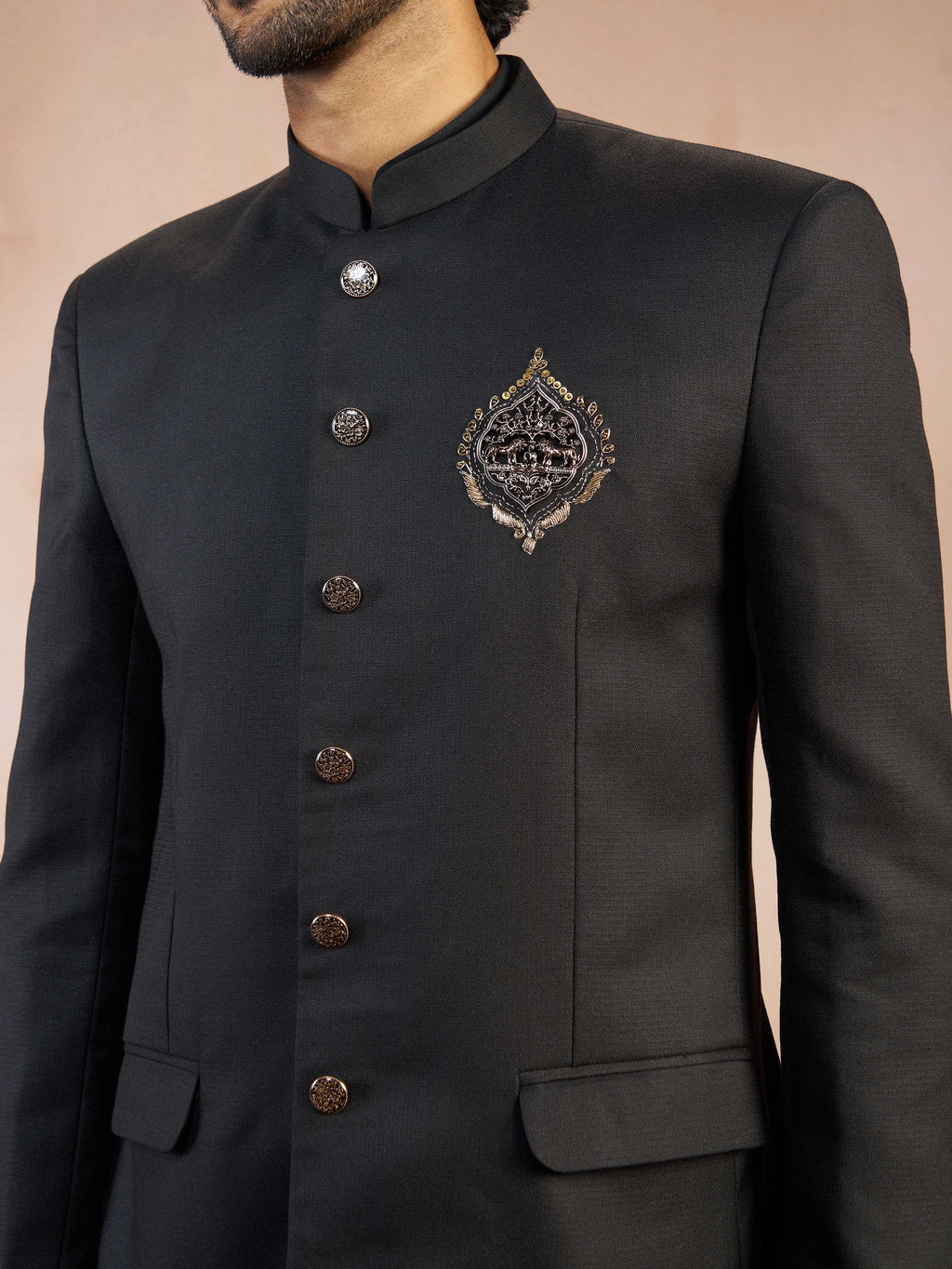 Men's Black Zardozi Sequin Embroidery Jodhpuri Jacket with Kurta & Patiala Set