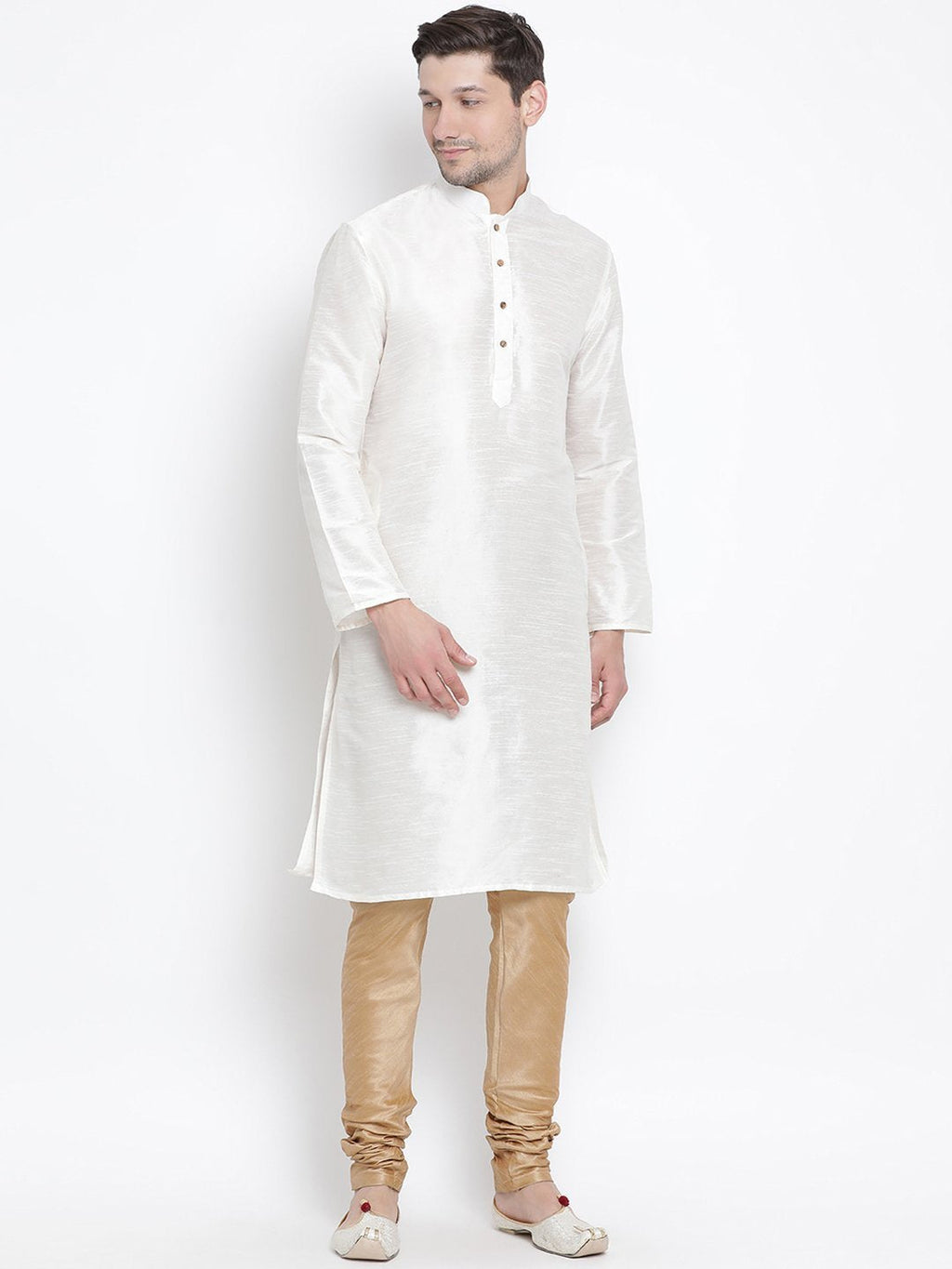 VASTRAMAY Men's White Cotton Silk Blend Kurta and Pyjama Set