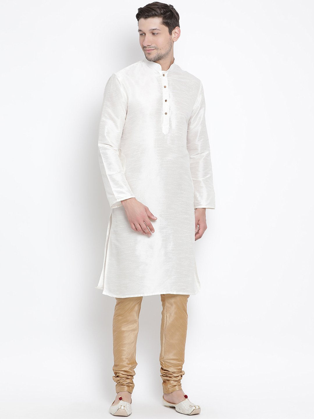 VASTRAMAY Men's White Cotton Silk Blend Kurta and Pyjama Set