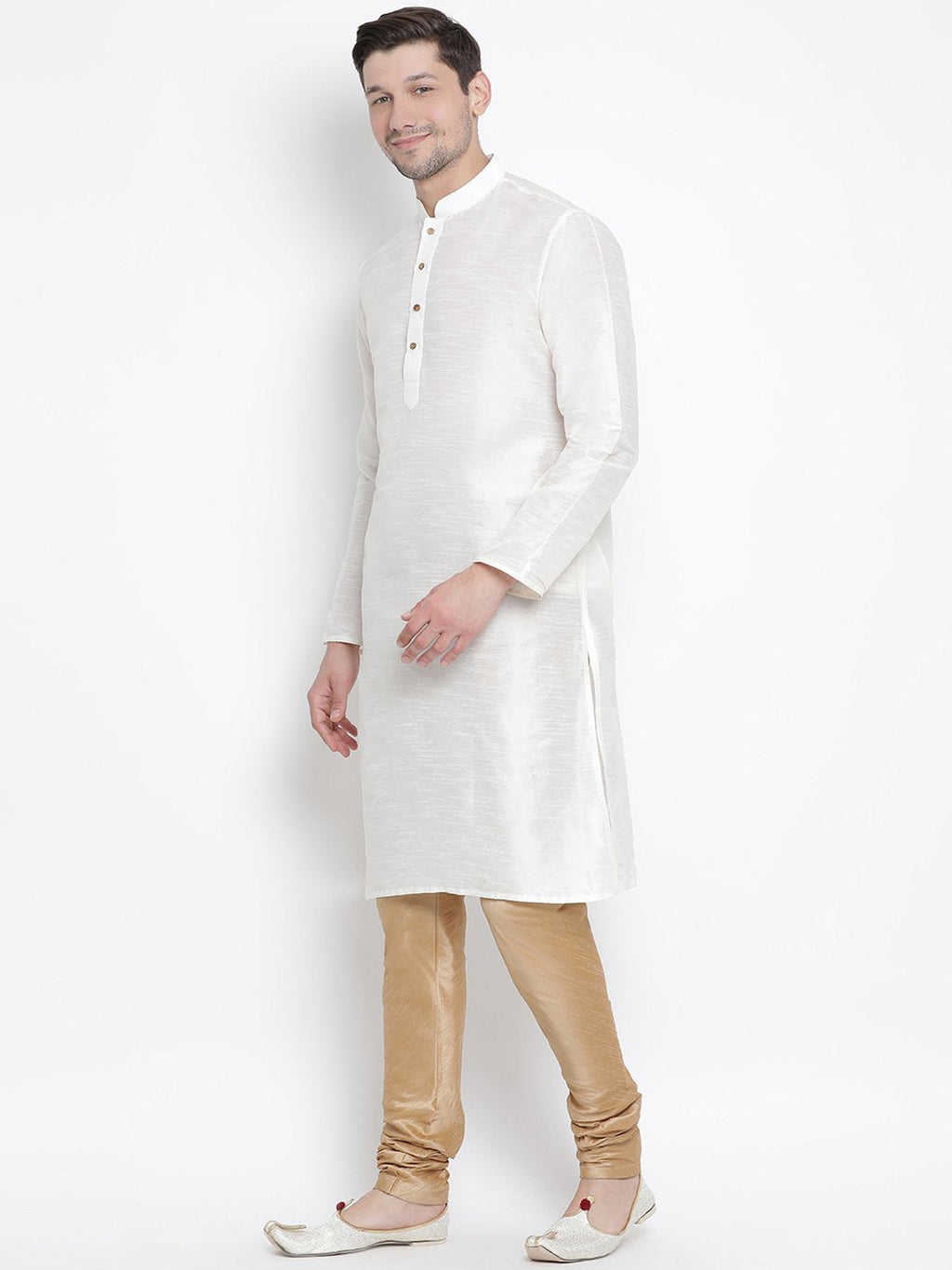 VASTRAMAY Men's White Cotton Silk Blend Kurta and Pyjama Set