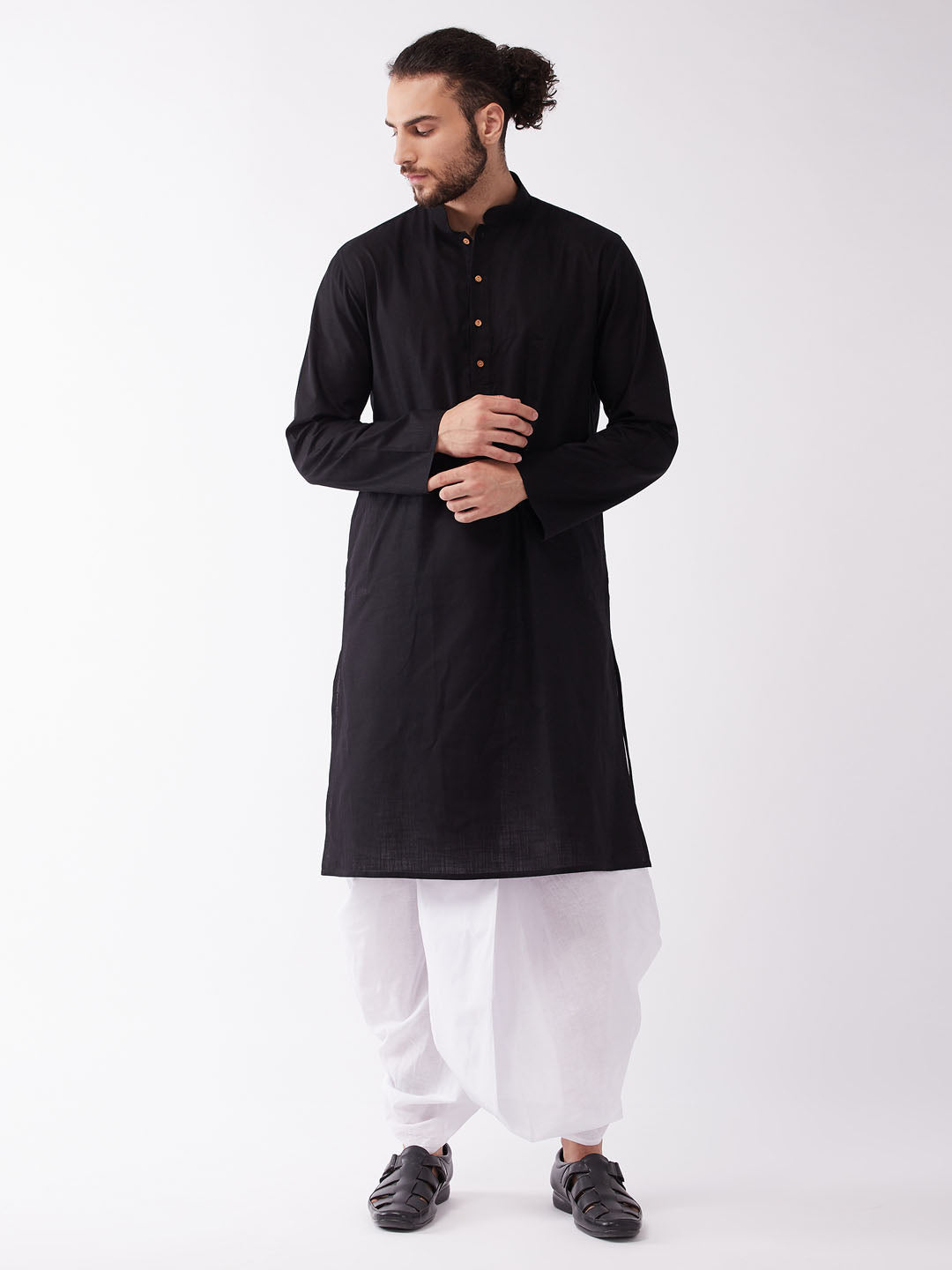 Men's Black Cotton Blend Kurta And White Dhoti Set